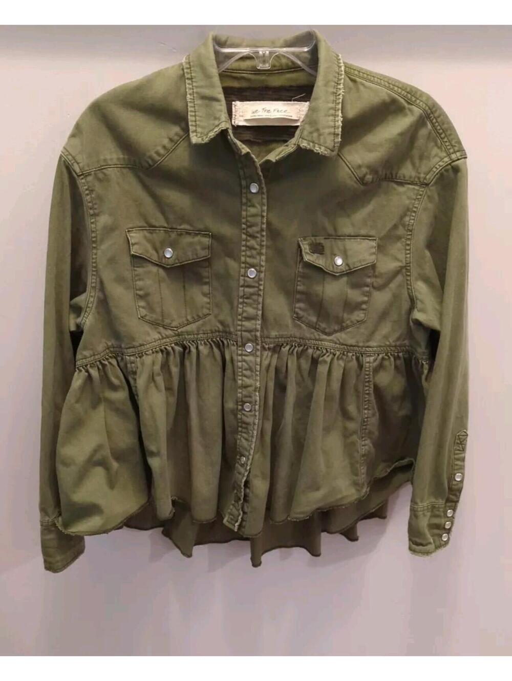 We The Free Jacket Army Green XS S Peplum Oversize Shirt Pearl Snaps Military
